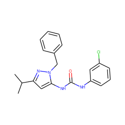 CC(C)c1cc(NC(=O)Nc2cccc(Cl)c2)n(Cc2ccccc2)n1 ZINC000096273832