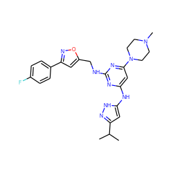 CC(C)c1cc(Nc2cc(N3CCN(C)CC3)nc(NCc3cc(-c4ccc(F)cc4)no3)n2)[nH]n1 ZINC000139881028