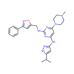 CC(C)c1cc(Nc2cc(N3CCN(C)CC3)nc(NCc3cc(-c4ccccc4)no3)n2)n[nH]1 ZINC000203003071