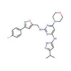 CC(C)c1cc(Nc2cc(N3CCOCC3)nc(NCc3cc(-c4ccc(F)cc4)no3)n2)[nH]n1 ZINC000142123391