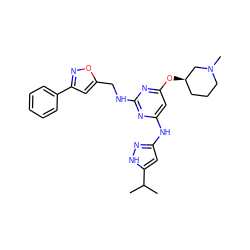 CC(C)c1cc(Nc2cc(O[C@@H]3CCCN(C)C3)nc(NCc3cc(-c4ccccc4)no3)n2)n[nH]1 ZINC000140136277