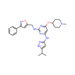 CC(C)c1cc(Nc2cc(OC3CCN(C)CC3)nc(NCc3cc(-c4ccccc4)no3)n2)n[nH]1 ZINC000203008373