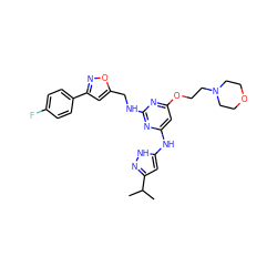 CC(C)c1cc(Nc2cc(OCCN3CCOCC3)nc(NCc3cc(-c4ccc(F)cc4)no3)n2)[nH]n1 ZINC000140902996