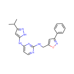 CC(C)c1cc(Nc2ccnc(NCc3cc(-c4ccccc4)no3)n2)[nH]n1 ZINC000035907076