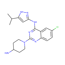 CC(C)c1cc(Nc2nc(N3CCC(N)CC3)nc3ccc(Cl)cc23)n[nH]1 ZINC001772615939