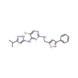 CC(C)c1cc(Nc2nc(NCc3cc(-c4ccccc4)no3)ncc2Br)[nH]n1 ZINC000038226547