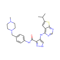 CC(C)c1cc2c(Nc3c[nH]nc3C(=O)Nc3ccc(CN4CCN(C)CC4)cc3)ncnc2s1 ZINC001772604308