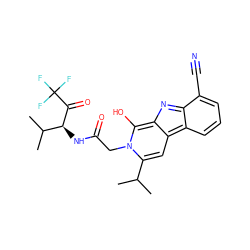 CC(C)c1cc2c3cccc(C#N)c3nc-2c(O)n1CC(=O)N[C@H](C(=O)C(F)(F)F)C(C)C ZINC000100729532