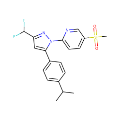 CC(C)c1ccc(-c2cc(C(F)F)nn2-c2ccc(S(C)(=O)=O)cn2)cc1 ZINC000013588363