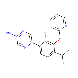 CC(C)c1ccc(-c2cnc(N)cn2)c(F)c1Oc1ncccn1 ZINC000224549642