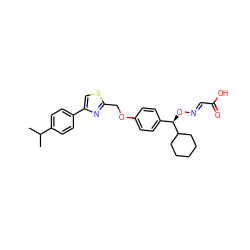 CC(C)c1ccc(-c2csc(COc3ccc([C@@H](O/N=C/C(=O)O)C4CCCCC4)cc3)n2)cc1 ZINC000013557829