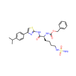 CC(C)c1ccc(-c2csc(NC(=O)[C@H](CCCCNS(N)(=O)=O)NC(=O)OCc3ccccc3)n2)cc1 ZINC000042877865