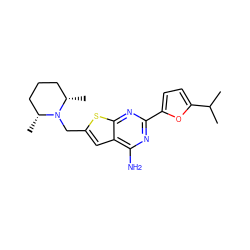 CC(C)c1ccc(-c2nc(N)c3cc(CN4[C@@H](C)CCC[C@H]4C)sc3n2)o1 ZINC000118593877