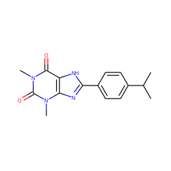 CC(C)c1ccc(-c2nc3c([nH]2)c(=O)n(C)c(=O)n3C)cc1 ZINC000004019695