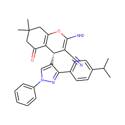 CC(C)c1ccc(-c2nn(-c3ccccc3)cc2[C@H]2C(C#N)=C(N)OC3=C2C(=O)CC(C)(C)C3)cc1 ZINC000000628286