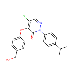 CC(C)c1ccc(-n2ncc(Cl)c(Oc3ccc(CO)cc3)c2=O)cc1 ZINC000066156703