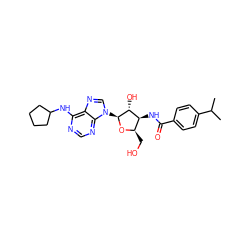 CC(C)c1ccc(C(=O)N[C@H]2[C@@H](CO)O[C@@H](n3cnc4c(NC5CCCC5)ncnc43)[C@@H]2O)cc1 ZINC000013473182