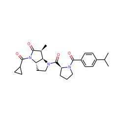 CC(C)c1ccc(C(=O)N2CCC[C@H]2C(=O)N2CC[C@H]3[C@H]2[C@H](C)C(=O)N3C(=O)C2CC2)cc1 ZINC000013527840