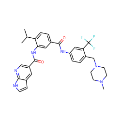 CC(C)c1ccc(C(=O)Nc2ccc(CN3CCN(C)CC3)c(C(F)(F)F)c2)cc1NC(=O)c1cnc2[nH]ccc2c1 ZINC000169311392