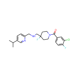 CC(C)c1ccc(CNCC2(F)CCN(C(=O)c3ccc(F)c(Cl)c3)CC2)nc1 ZINC000013797297