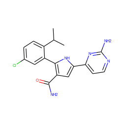 CC(C)c1ccc(Cl)cc1-c1[nH]c(-c2ccnc(N)n2)cc1C(N)=O ZINC000142774297