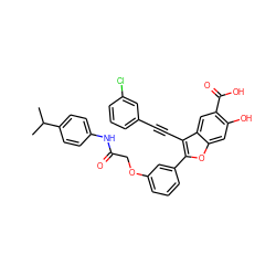 CC(C)c1ccc(NC(=O)COc2cccc(-c3oc4cc(O)c(C(=O)O)cc4c3C#Cc3cccc(Cl)c3)c2)cc1 ZINC000096272274