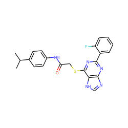 CC(C)c1ccc(NC(=O)CSc2nc(-c3ccccc3F)nc3nc[nH]c23)cc1 ZINC000013561665