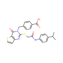 CC(C)c1ccc(NC(=O)CSc2nc3ccsc3c(=O)n2Cc2ccc(C(=O)O)cc2)cc1 ZINC000002932592