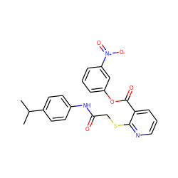 CC(C)c1ccc(NC(=O)CSc2ncccc2C(=O)Oc2cccc([N+](=O)[O-])c2)cc1 ZINC000003048353