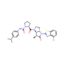 CC(C)c1ccc(NC(=O)N2CCC[C@H]2C(=O)N2CC[C@H]3[C@H]2[C@H](C)C(=O)N3c2nc3c(Cl)cccc3s2)cc1 ZINC000027520330