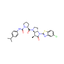 CC(C)c1ccc(NC(=O)N2CCC[C@H]2C(=O)N2CC[C@H]3[C@H]2[C@H](C)C(=O)N3c2nc3cc(Cl)ccc3s2)cc1 ZINC000027518166