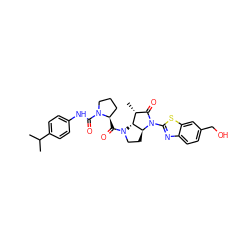 CC(C)c1ccc(NC(=O)N2CCC[C@H]2C(=O)N2CC[C@H]3[C@H]2[C@H](C)C(=O)N3c2nc3ccc(CO)cc3s2)cc1 ZINC000003925317