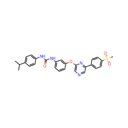 CC(C)c1ccc(NC(=O)Nc2cccc(Oc3cncc(-c4ccc(S(C)(=O)=O)cc4)n3)c2)cc1 ZINC000473087438