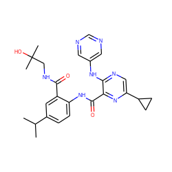 CC(C)c1ccc(NC(=O)c2nc(C3CC3)cnc2Nc2cncnc2)c(C(=O)NCC(C)(C)O)c1 ZINC000169701828