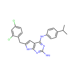 CC(C)c1ccc(Nc2nc(N)nc3[nH]c(Cc4ccc(Cl)cc4Cl)cc23)cc1 ZINC000049073274