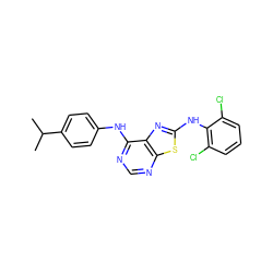 CC(C)c1ccc(Nc2ncnc3sc(Nc4c(Cl)cccc4Cl)nc23)cc1 ZINC000040404629