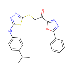 CC(C)c1ccc(Nc2nnc(SCC(=O)c3nnc(-c4ccccc4)o3)s2)cc1 ZINC000003258792