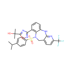 CC(C)c1ccc(S(=O)(=O)N2Cc3ccc(C(F)(F)F)nc3Nc3cccc(-c4noc(C(C)(C)O)n4)c32)cc1 ZINC000095552796