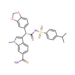 CC(C)c1ccc(S(=O)(=O)NC(=O)[C@@H](c2ccc3c(c2)OCO3)c2cn(C)c3cc(C(N)=O)ccc23)cc1 ZINC000028257410