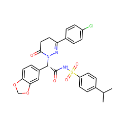 CC(C)c1ccc(S(=O)(=O)NC(=O)[C@H](c2ccc3c(c2)OCO3)N2N=C(c3ccc(Cl)cc3)CCC2=O)cc1 ZINC000001486629