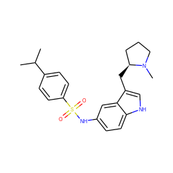 CC(C)c1ccc(S(=O)(=O)Nc2ccc3[nH]cc(C[C@H]4CCCN4C)c3c2)cc1 ZINC000013607590