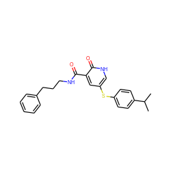 CC(C)c1ccc(Sc2c[nH]c(=O)c(C(=O)NCCCc3ccccc3)c2)cc1 ZINC000095593996