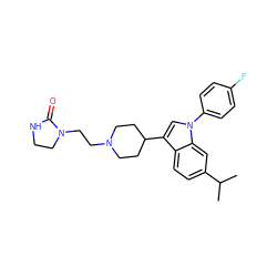 CC(C)c1ccc2c(C3CCN(CCN4CCNC4=O)CC3)cn(-c3ccc(F)cc3)c2c1 ZINC000013731177