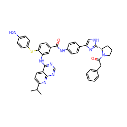 CC(C)c1ccc2c(Nc3cc(C(=O)Nc4ccc(-c5c[nH]c([C@@H]6CCCN6C(=O)Cc6ccccc6)n5)cc4)ccc3Sc3ccc(N)cc3)ncnc2n1 ZINC000168927620