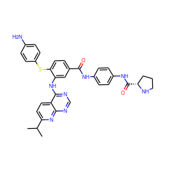 CC(C)c1ccc2c(Nc3cc(C(=O)Nc4ccc(NC(=O)[C@@H]5CCCN5)cc4)ccc3Sc3ccc(N)cc3)ncnc2n1 ZINC000139261975