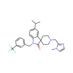 CC(C)c1ccc2c(c1)C1(CCN(Cc3nccn3C)CC1)C(=O)N2Cc1cccc(C(F)(F)F)c1 ZINC000084713044