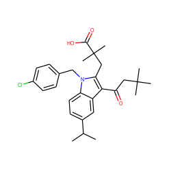 CC(C)c1ccc2c(c1)c(C(=O)CC(C)(C)C)c(CC(C)(C)C(=O)O)n2Cc1ccc(Cl)cc1 ZINC000028332252