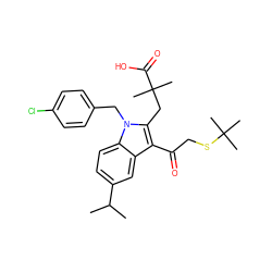 CC(C)c1ccc2c(c1)c(C(=O)CSC(C)(C)C)c(CC(C)(C)C(=O)O)n2Cc1ccc(Cl)cc1 ZINC000028341184