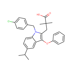 CC(C)c1ccc2c(c1)c(Oc1ccccc1)c(CC(C)(C)C(=O)O)n2Cc1ccc(Cl)cc1 ZINC000028134939