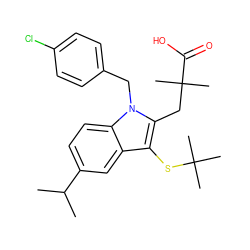 CC(C)c1ccc2c(c1)c(SC(C)(C)C)c(CC(C)(C)C(=O)O)n2Cc1ccc(Cl)cc1 ZINC000001536875